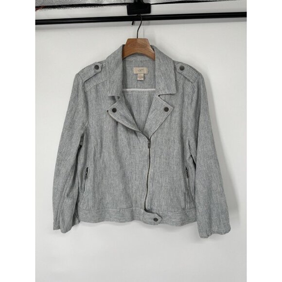Loft Linen Cotton Blend Moto Jacket Women's Size Large Blue pockets - Picture 2 of 9